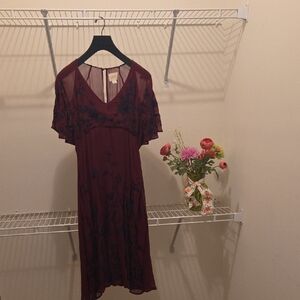 Anthropologie Burgundy Sheer Midi Dress